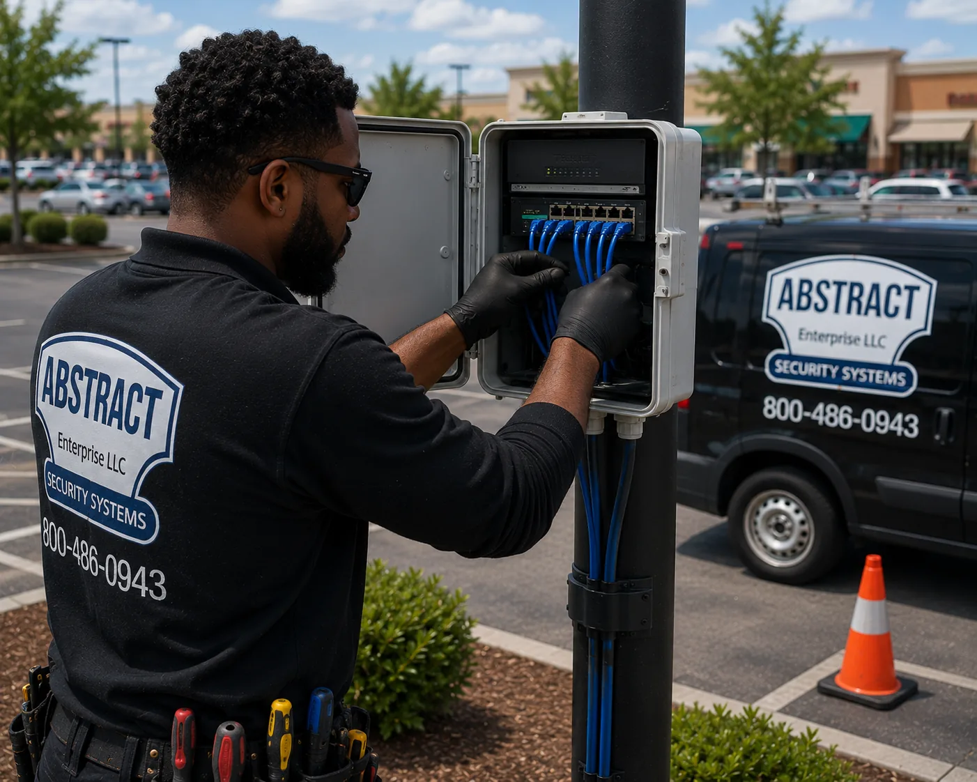Technician servicing patch cables in an open pole-mounted equipment enclosure containing a network switch in a parking lot