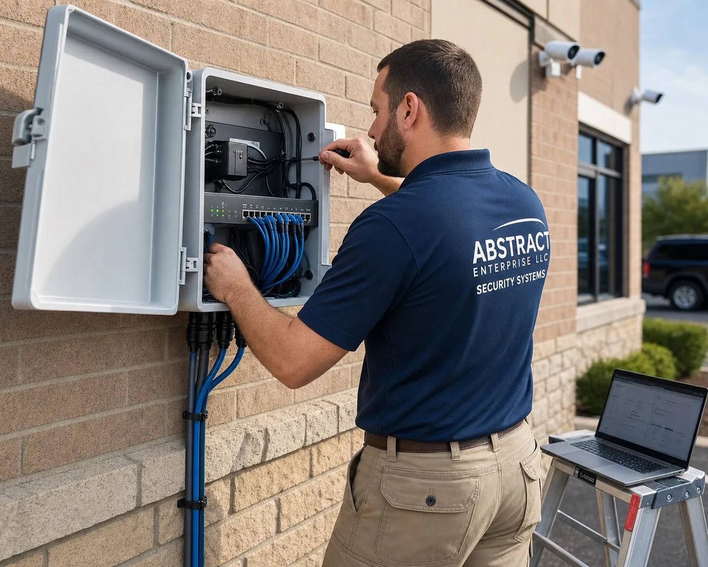 Technician wiring a PoE switch inside a weatherproof enclosure mounted on an exterior wall, with cameras above and a laptop staged alongside