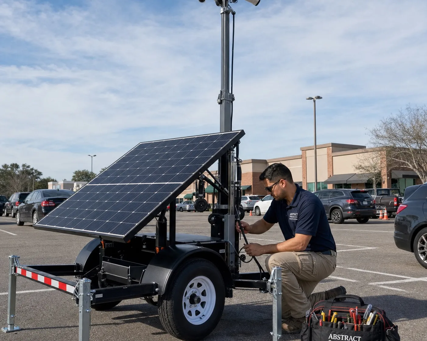 Abstract Enterprises technician setting up a mobile solar-powered surveillance camera trailer in a Manhattan parking lot for temporary and overflow coverage