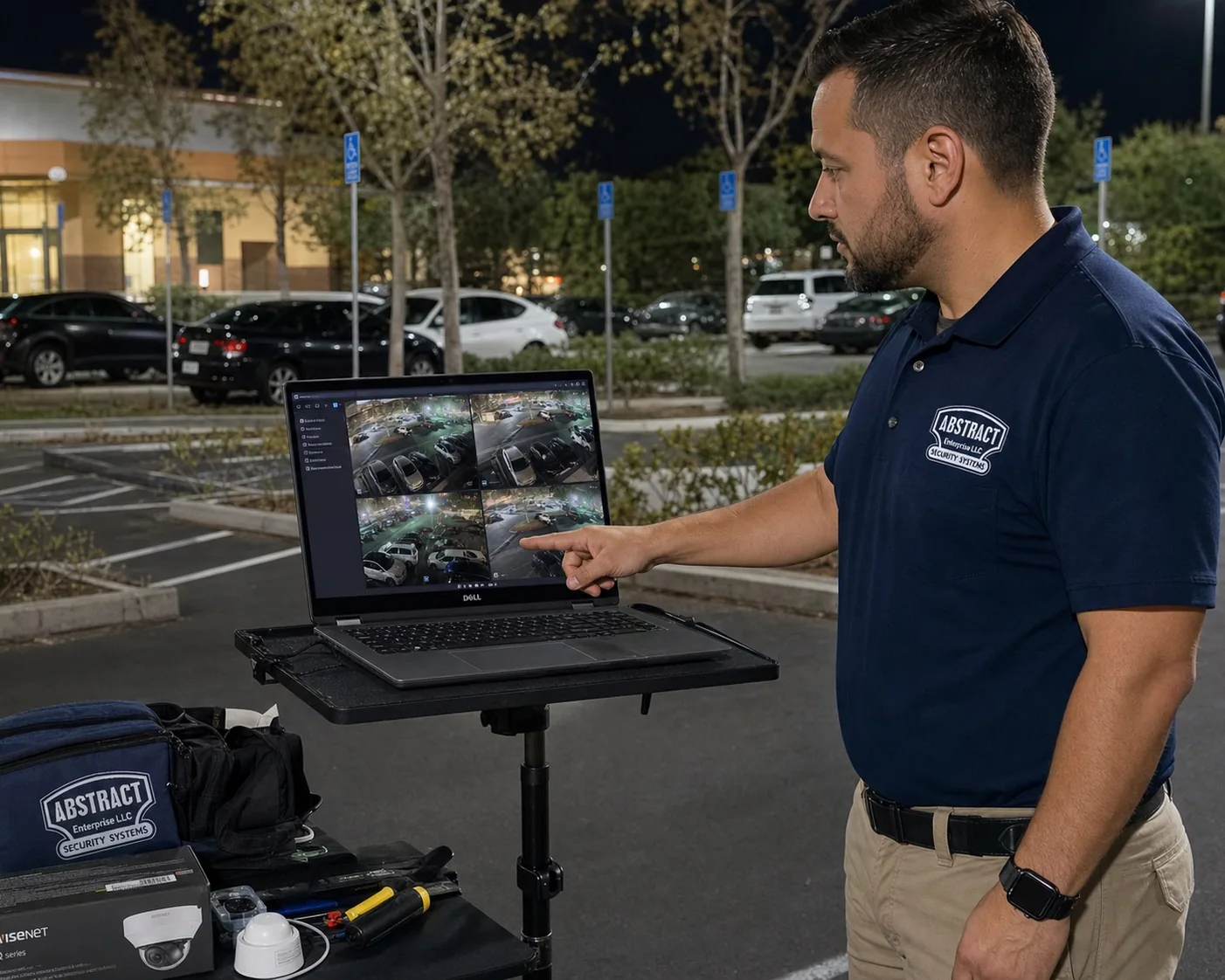 Staten Island parking lot night camera testing verifying low-light coverage after dark