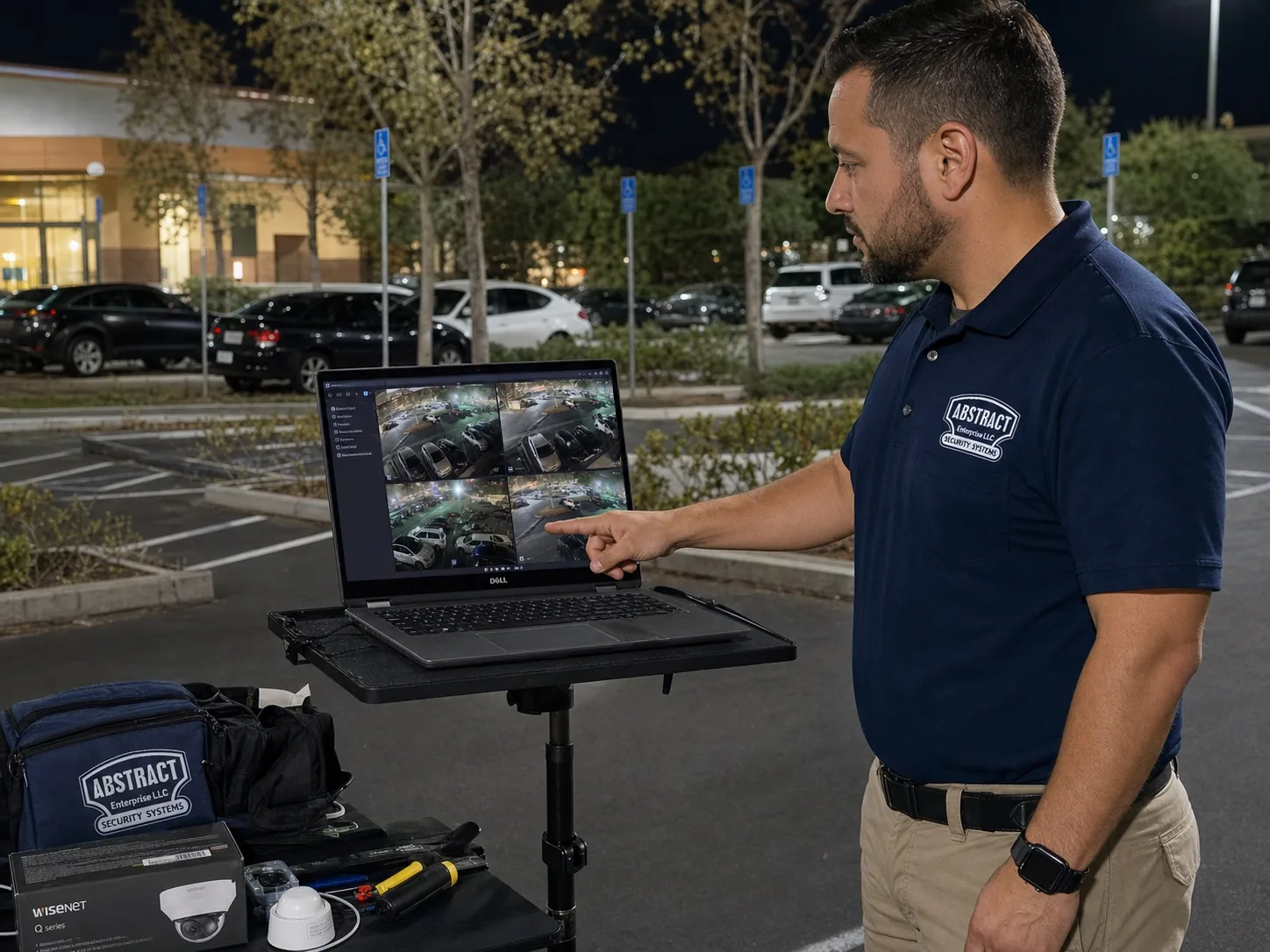Technician reviewing a six-camera live view on a laptop mounted to a tripod stand in a parking lot after dark