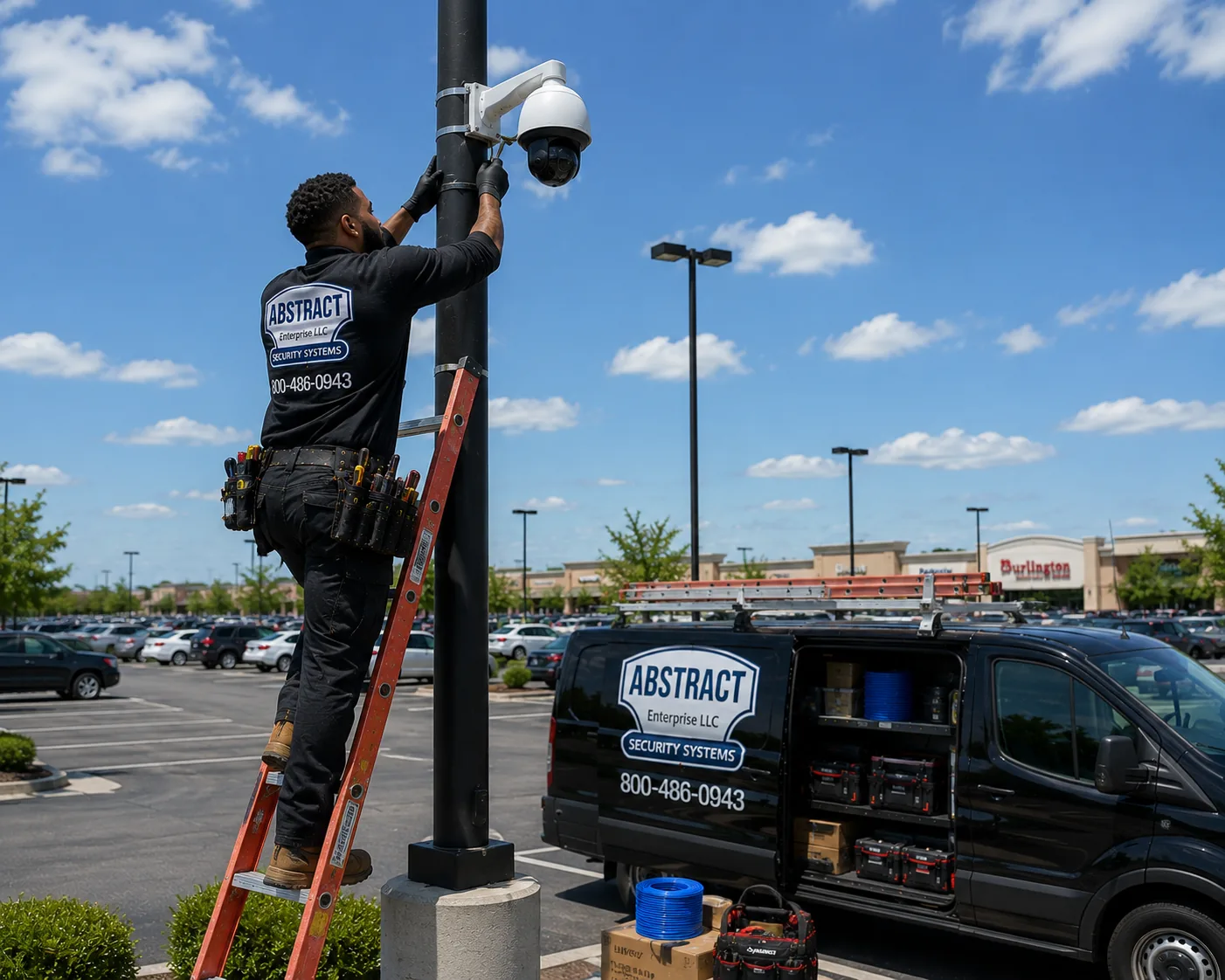 Technician on an extension ladder securing a white PTZ dome camera bracket to a parking lot light pole, service van parked alongside