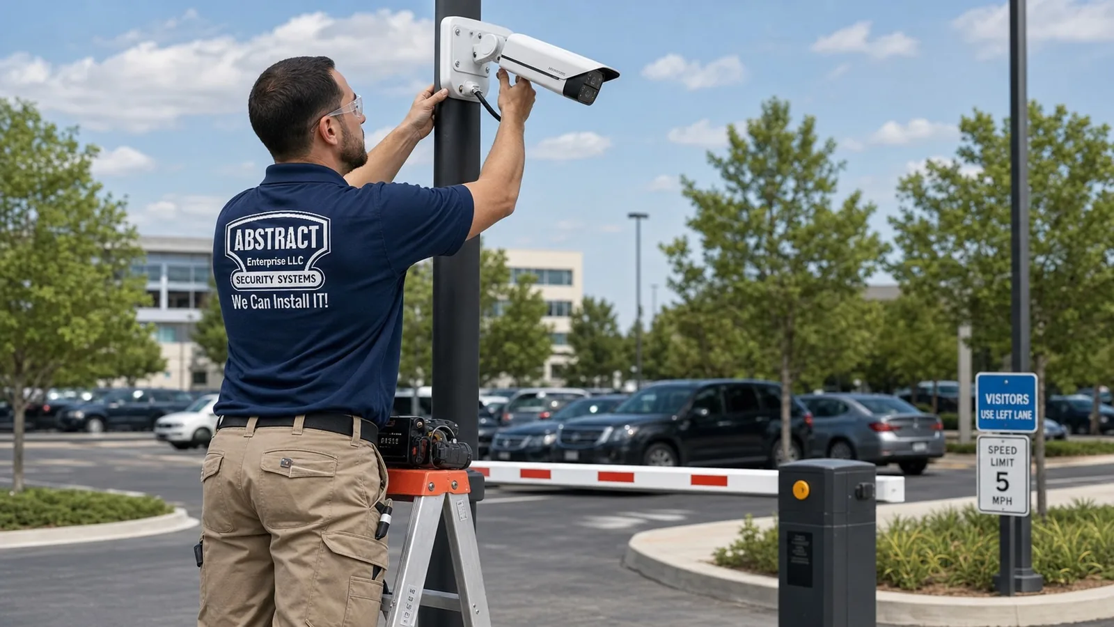 Technician on a step ladder mounting a fixed bullet camera to a pole beside a marked entrance lane, with visitor lane and speed limit signage in the parking lot behind