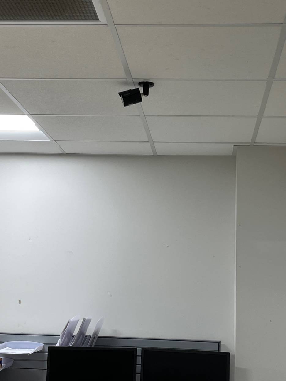 Ceiling mounted bullet camera office area commercial install Orange County