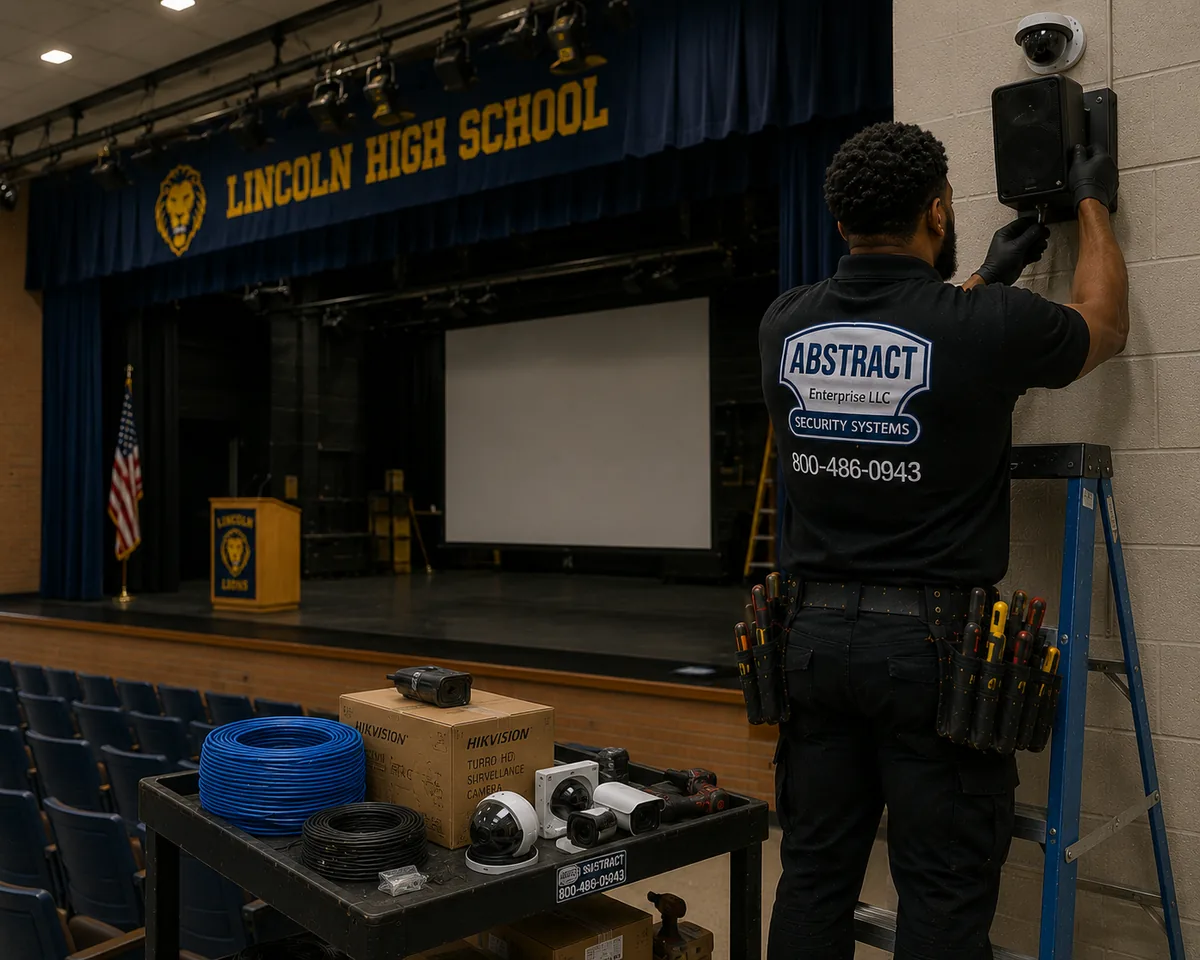School Auditorium Security Camera Installation Hudson Valley School auditorium security camera installation Hudson Valley - dome camera and speaker work beside a school stage in Dutchess County NY