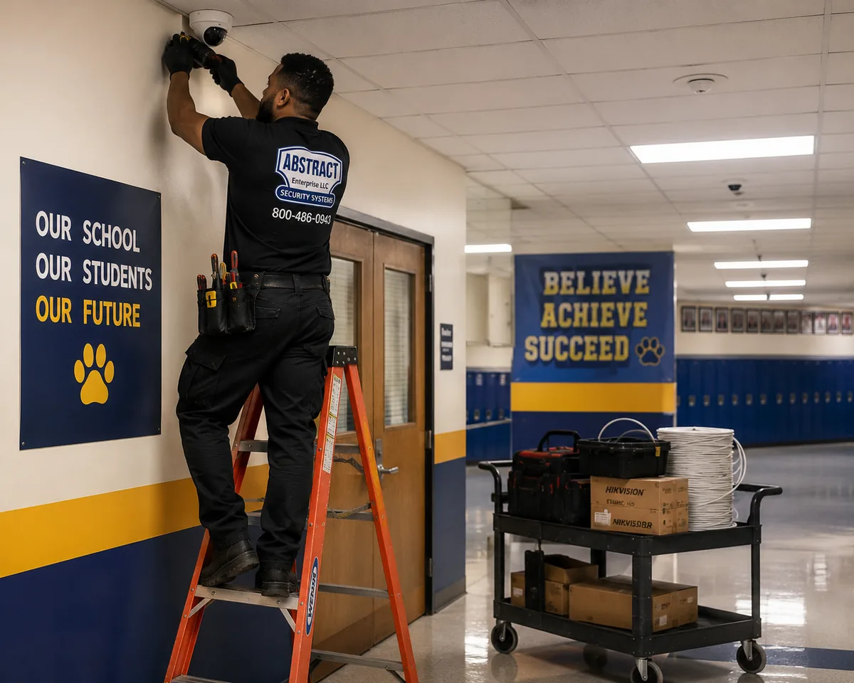 School Corridor Security Camera Installer NYC School corridor security camera installer NYC - technician on a ladder mounting a corridor dome camera in a New York City school