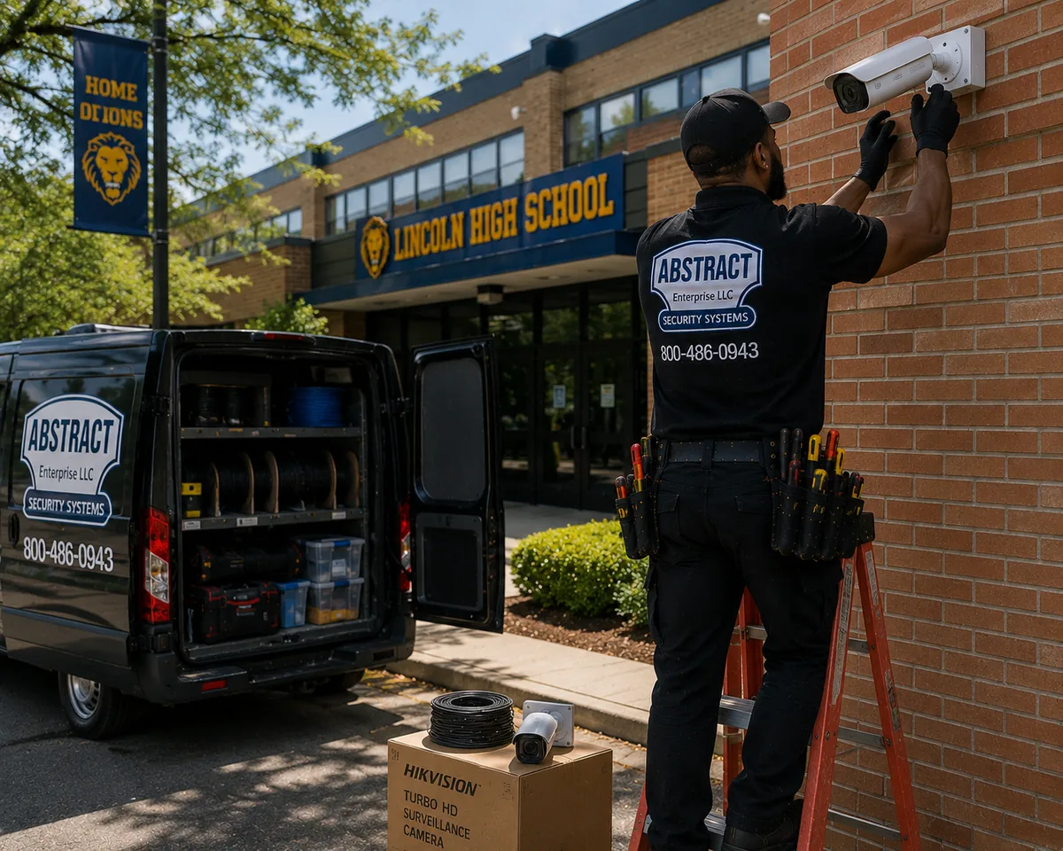 School Entrance Security Camera Installation Manhattan School entrance security camera installation Manhattan - licensed technician mounting a bullet camera at a school main entrance in Manhattan NY