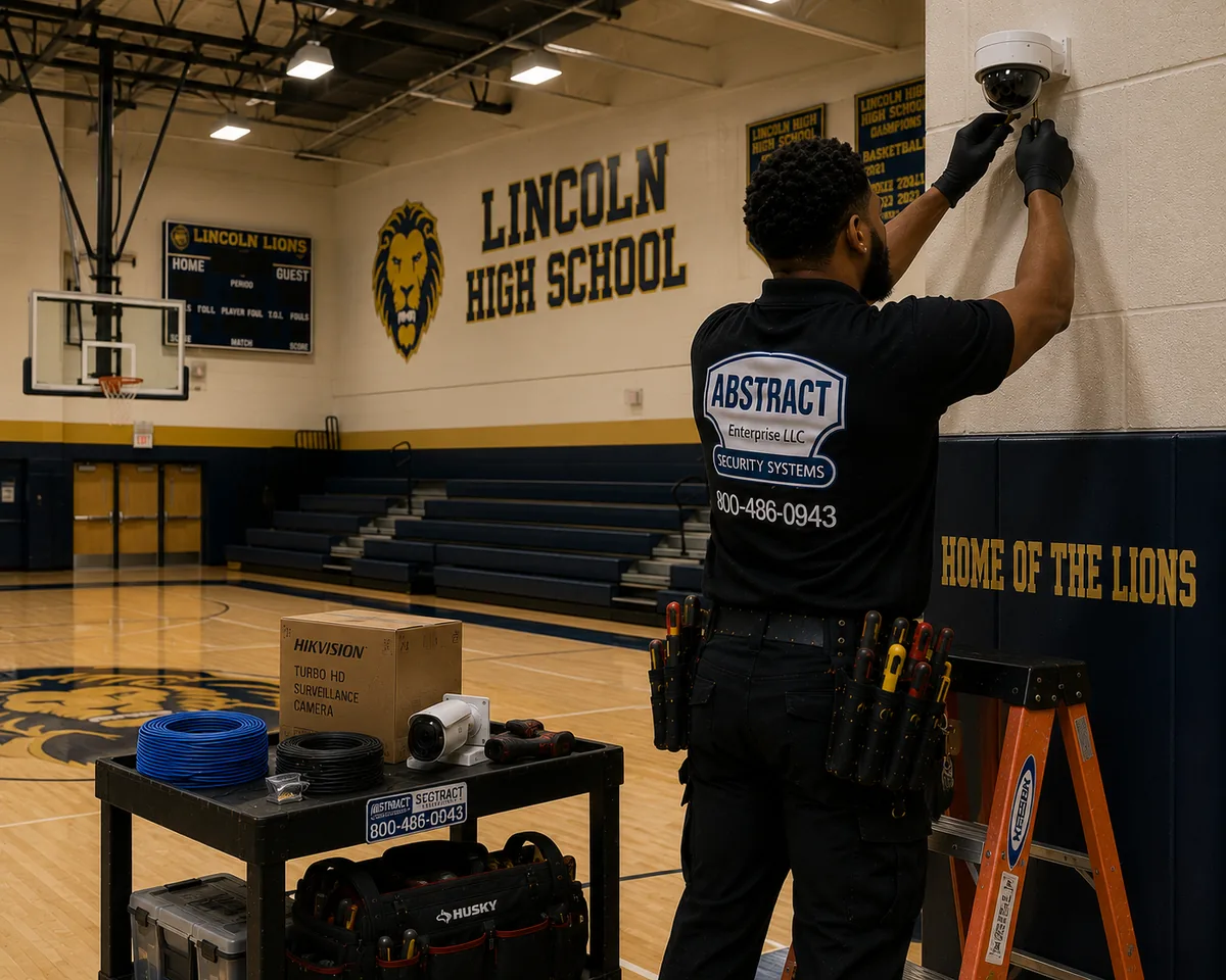 School gymnasium security camera installation Queens - technician mounting a dome camera on a gym wall at a Queens school