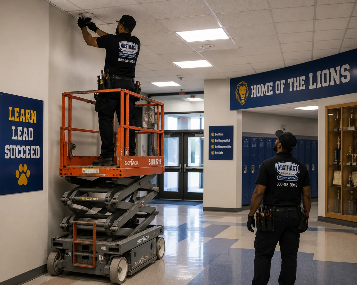 School Hallway Security Camera Installation Staten Island School hallway security camera installation Staten Island - ceiling dome camera installed from a scissor lift at a Staten Island school