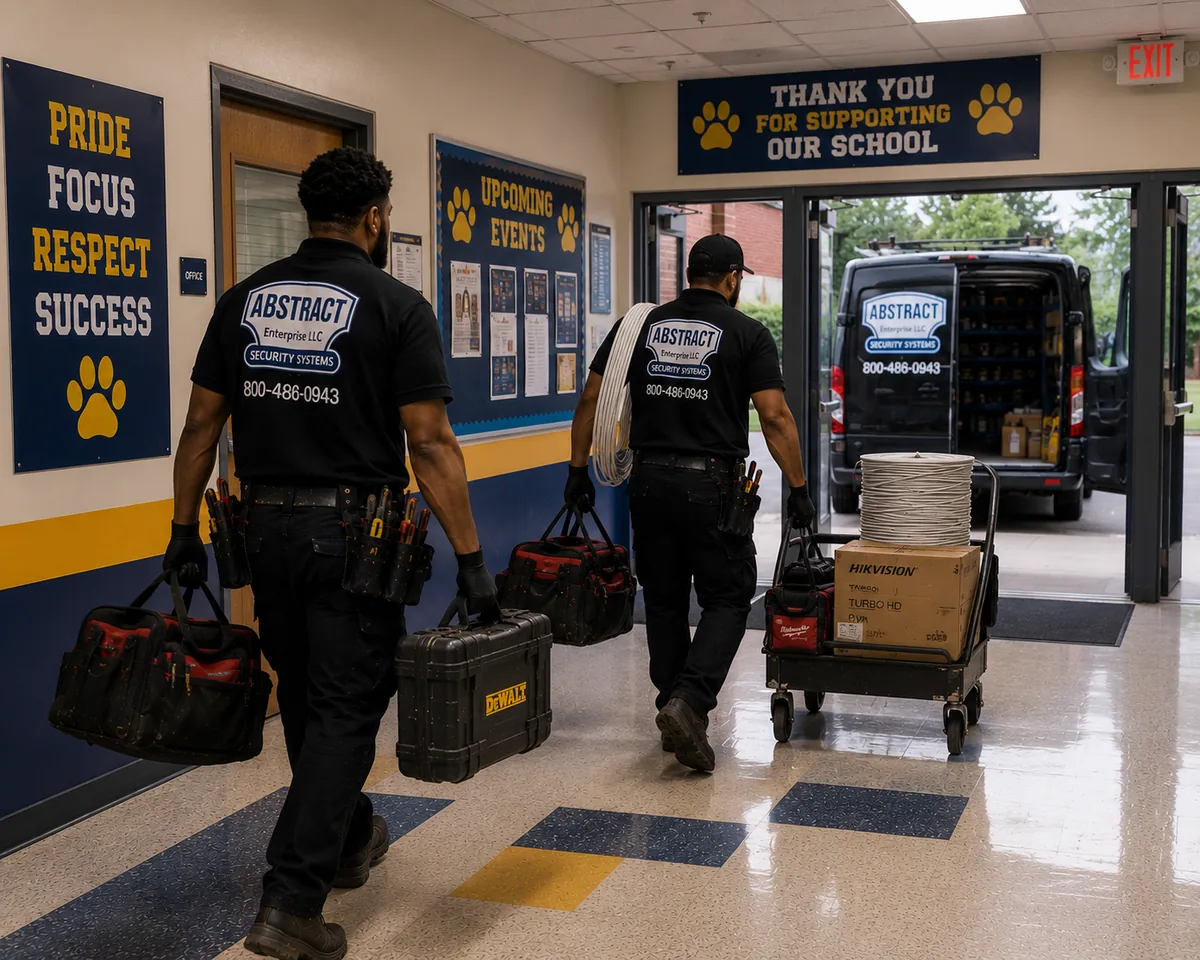 School Security Camera Installation Company Manhattan School security camera installation company Manhattan - AESS installers loading equipment out of a Manhattan school