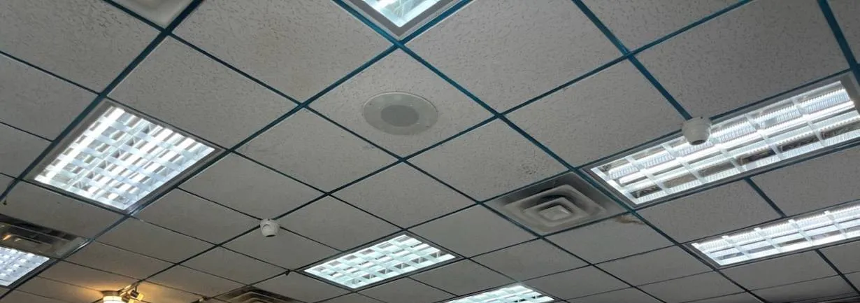 Small dome cameras in a grid ceiling among light panels — example photo for Long Island school cafeterias Long Island school security camera installation example photo: a wide grid ceiling with fluorescent light panels, a round ceiling speaker, an air vent and small white dome cameras mounted between the tiles