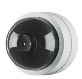 White vandal-resistant dome camera — manufacturer product photo for Long Island school hallways Long Island school security camera installation product photo: a white vandal-resistant dome camera with a clear bubble cover over a black lens, shown on a white background