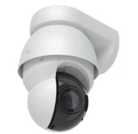White pan-tilt-zoom camera on a wall bracket — manufacturer product photo for Long Island school fields Long Island school security camera installation product photo: a white pan-tilt-zoom camera on a wall bracket with a dark rounded lens housing