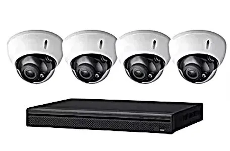 Four dome cameras above a slim recorder — manufacturer product photo for small Orange County schools and daycares Orange County school security camera installation product photo: four white dome cameras with dark lenses arranged above a slim black network video recorder