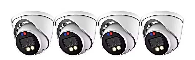 Four turret cameras with red and blue warning lights — manufacturer product photo for Orange County school entrances Orange County school security camera installation product photo: four white turret cameras in a row, each with small red and blue warning lights beside the lens