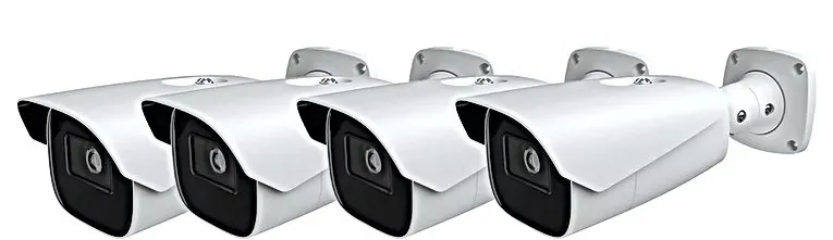 Four white bullet cameras on wall brackets — manufacturer product photo for Orange County bus garages and lots Orange County school security camera installation product photo: four white bullet cameras on wall brackets lined up in a row against a white background