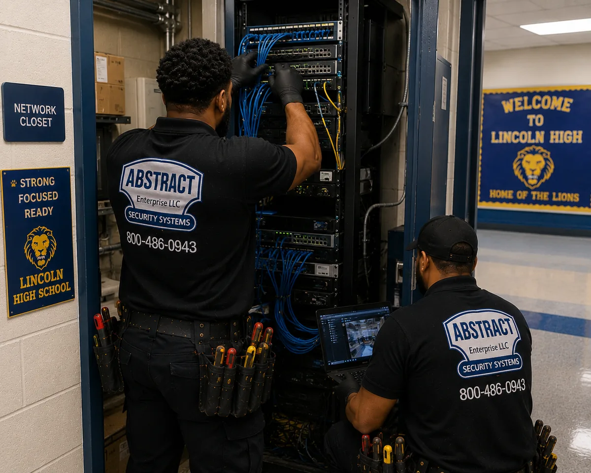 School security camera network installation Queens - technicians terminating PoE camera cabling in a Queens school network closet