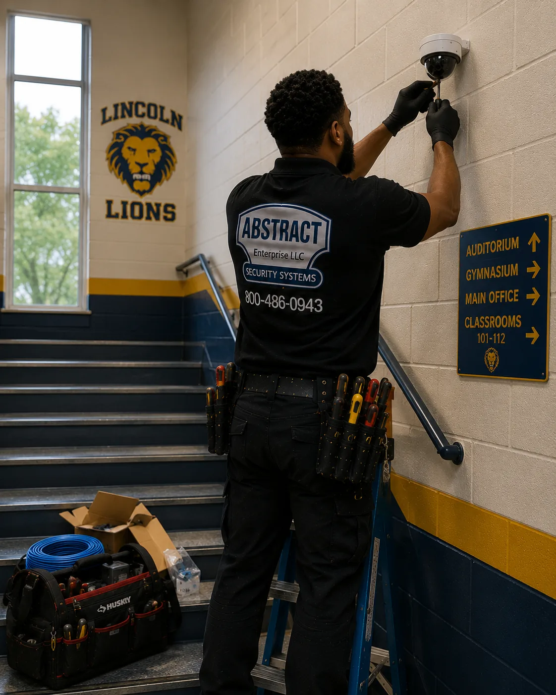 School Stairwell Security Camera Installation Hudson Valley School stairwell security camera installation Hudson Valley - technician installing a dome camera in a Westchester County school stairwell