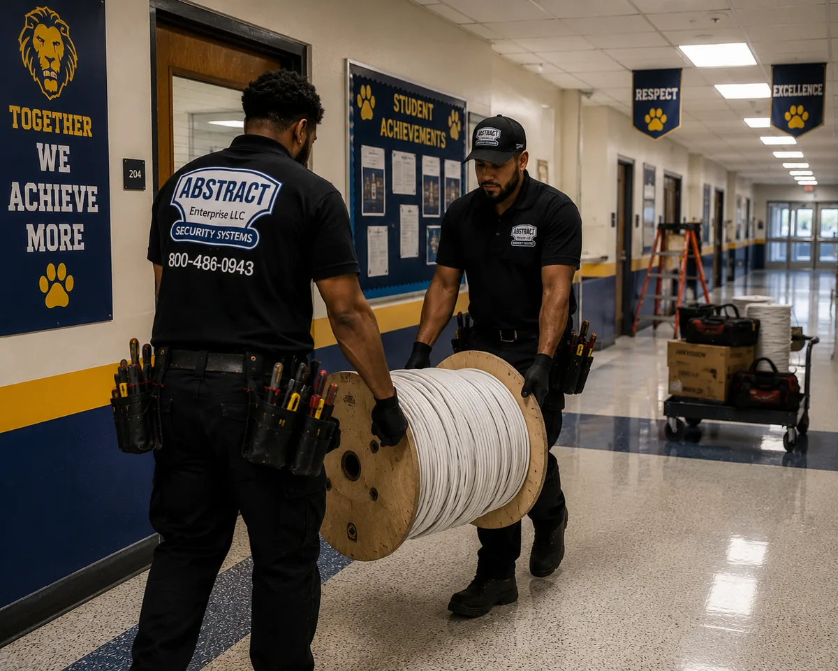 School structured cabling installation Queens - technicians carrying a camera cable spool through a Queens school corridor