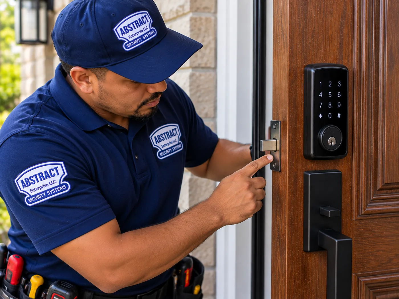 AESS technician checking latch and bolt alignment at the door edge during a smart lock installation in Putnam County