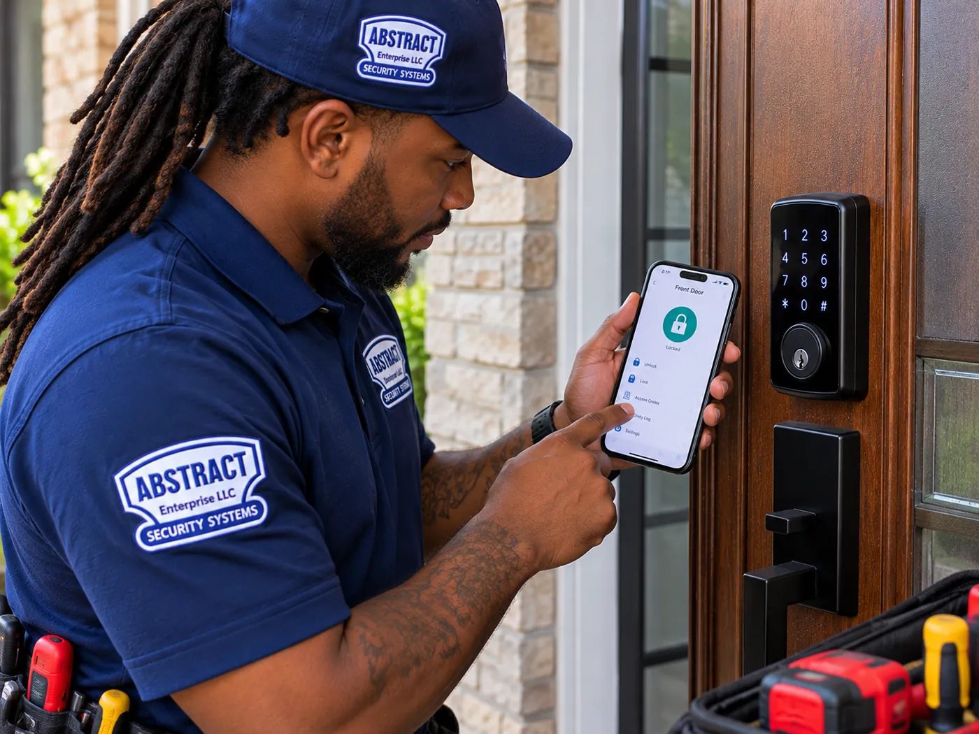 AESS technician checking the locked status of a keypad smart lock in the mobile app after installation in Putnam County