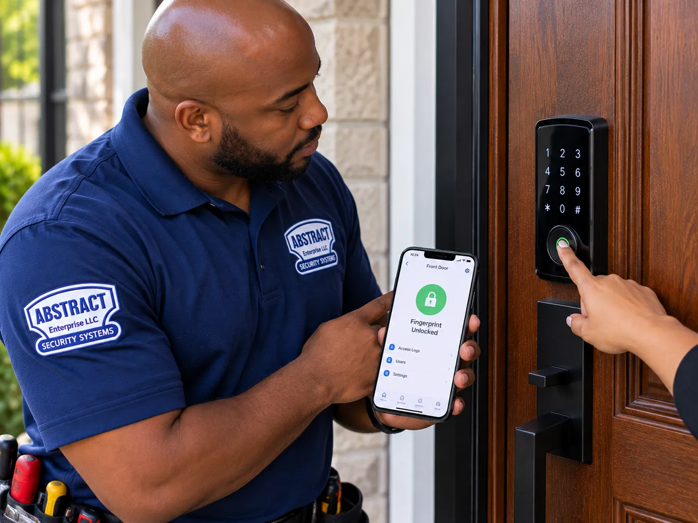AESS technician showing a homeowner a fingerprint unlock on a new smart lock with the app confirming access in Putnam County
