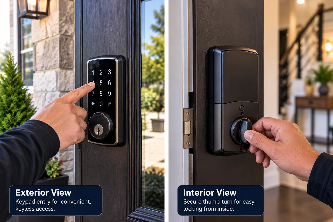 Exterior keypad and interior thumb-turn views of a smart deadbolt installed in Putnam County