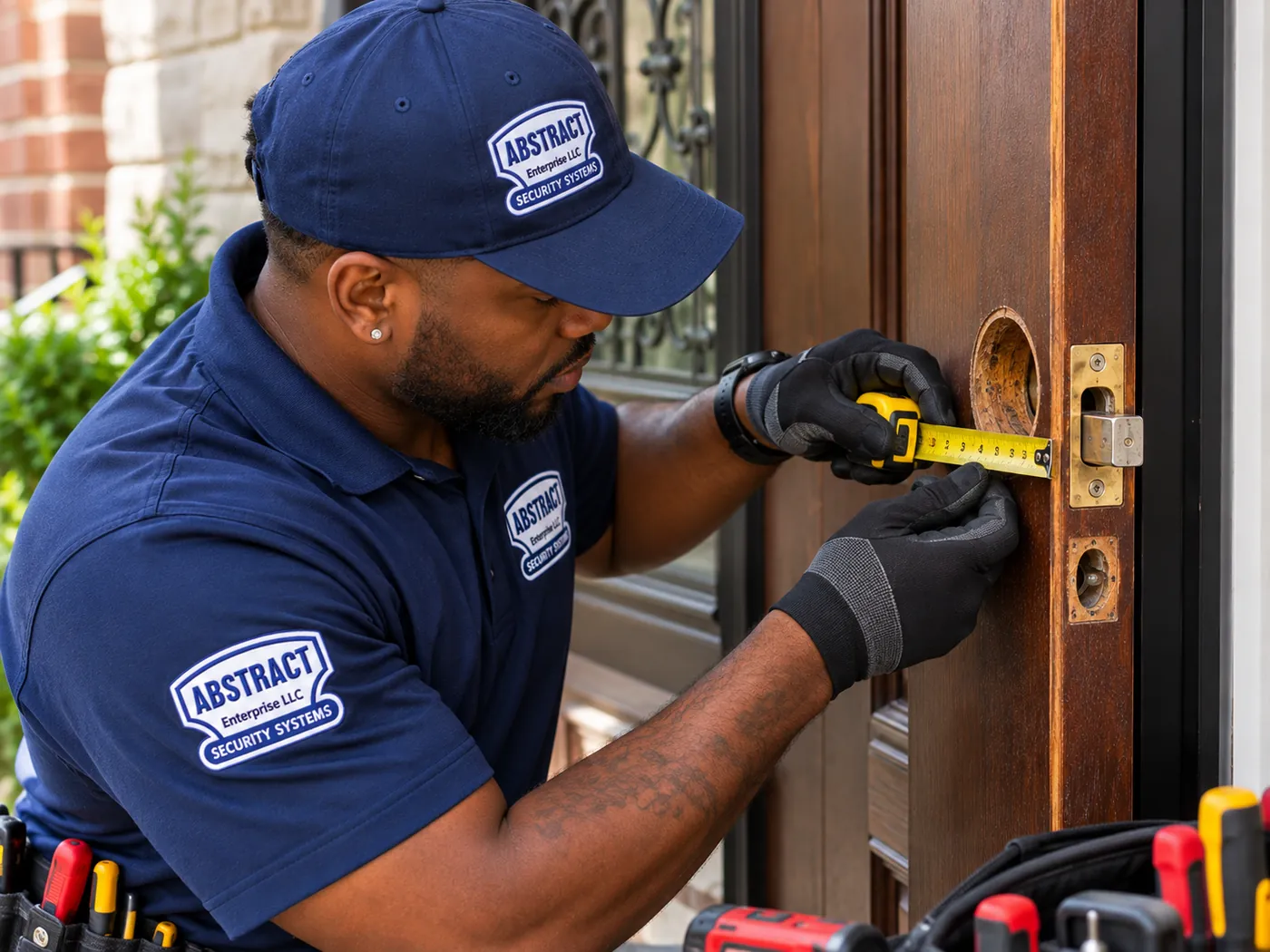 AESS technician measuring the door bore with a tape measure before a smart lock installation in Putnam County