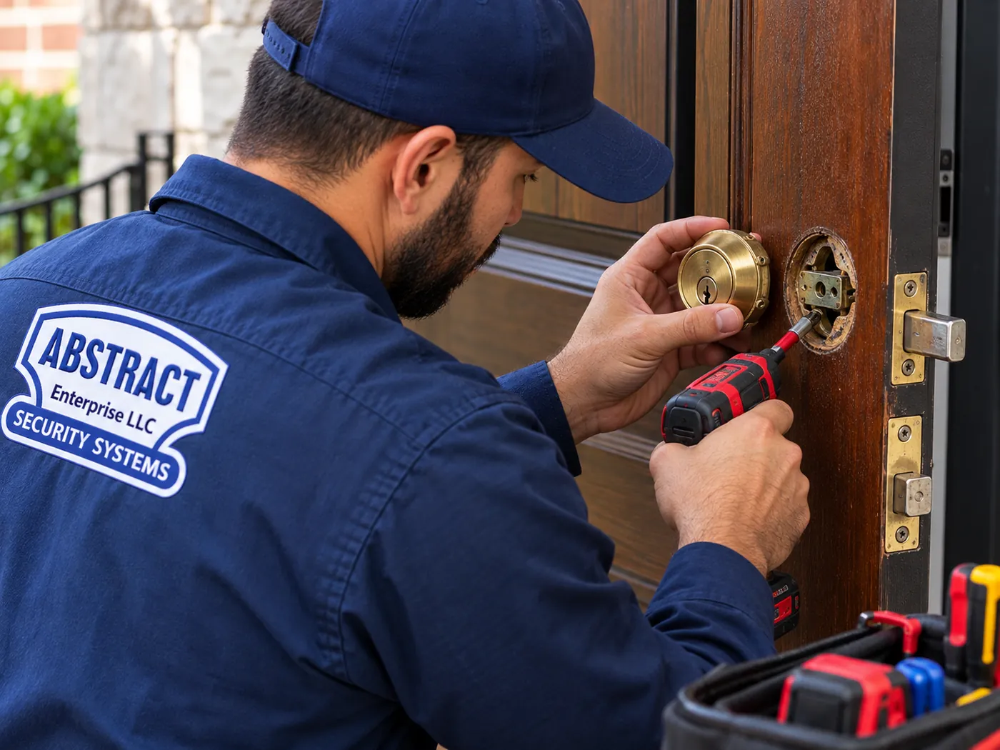AESS technician removing an old brass deadbolt with a drill to prepare the door for a smart lock in Putnam County