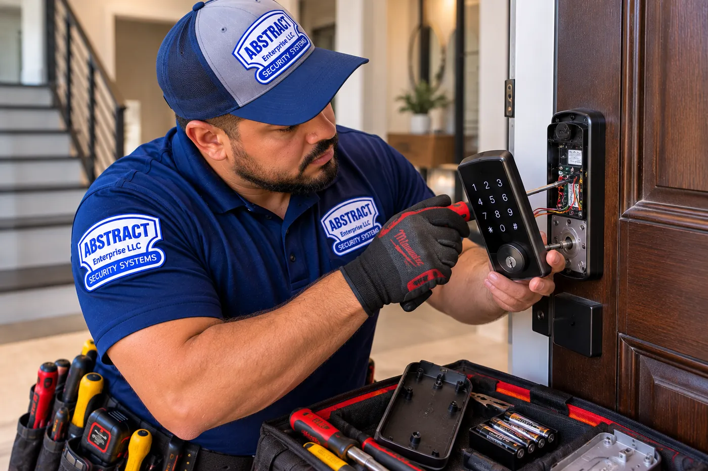 AESS technician servicing the keypad wiring of a smart lock during a repair visit in Putnam County