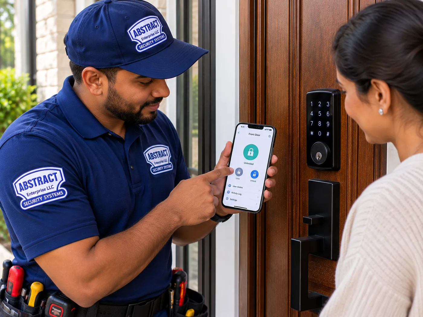 AESS technician walking a customer through locking and unlocking her new smart lock from the app in Putnam County