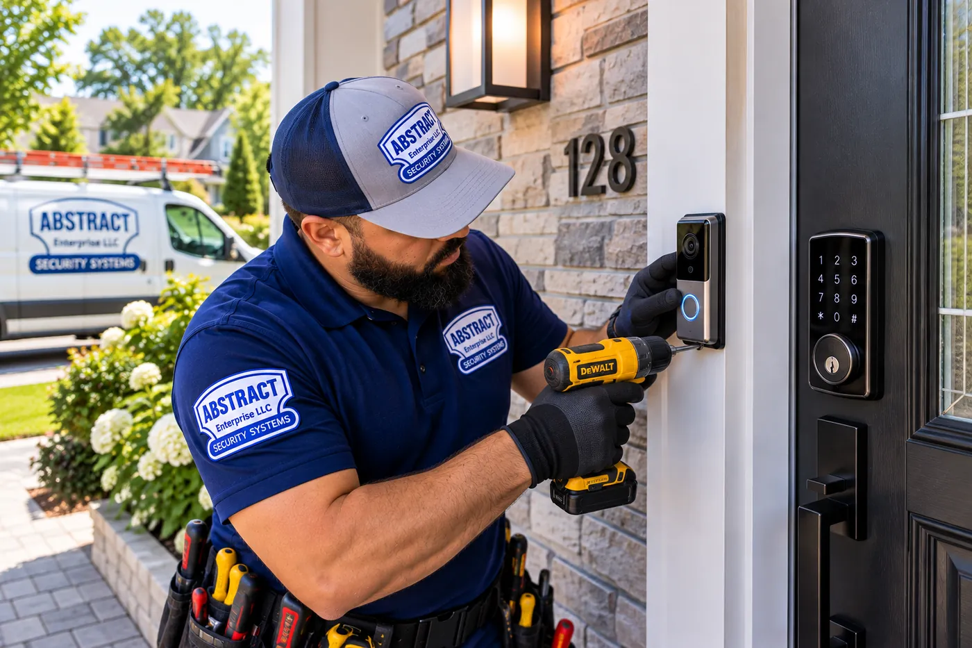 AESS technician mounting a video doorbell beside a newly installed keypad smart lock in Putnam County
