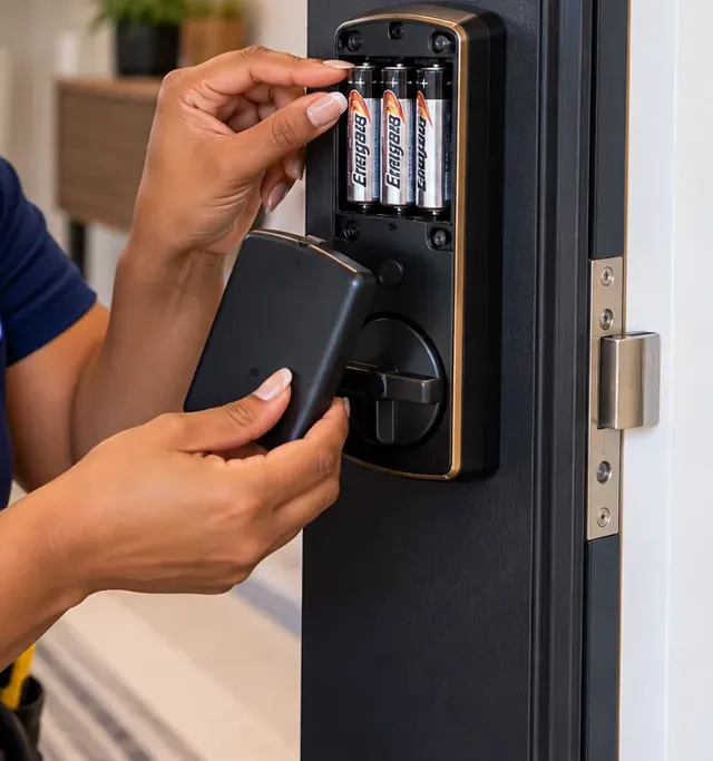 Changing the batteries in a smart deadbolt's interior unit, Astoria Queens Batteries being changed in the interior unit of a smart deadbolt on an apartment door in Astoria, Queens