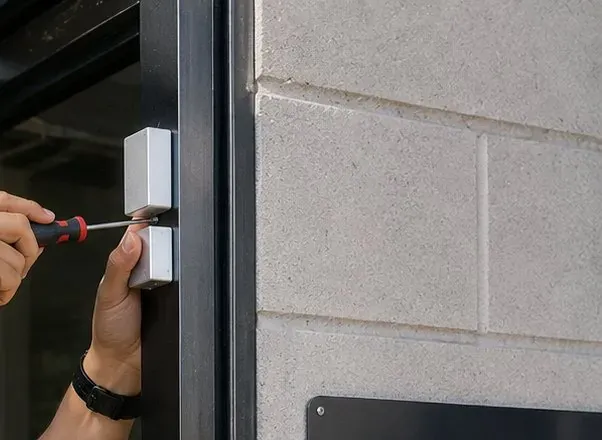 Fitting a door-position contact at the frame header, Astoria Queens Door-position contact being screwed to the head of a metal door frame so a propped street door can be reported, Astoria Queens