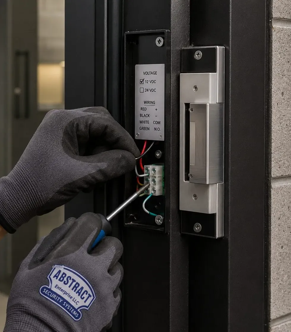 Electric strike terminals being wired in a door frame, Astoria Queens Gloved hands connecting wires to the terminals of an electric strike set into a dark metal door frame, Astoria Queens