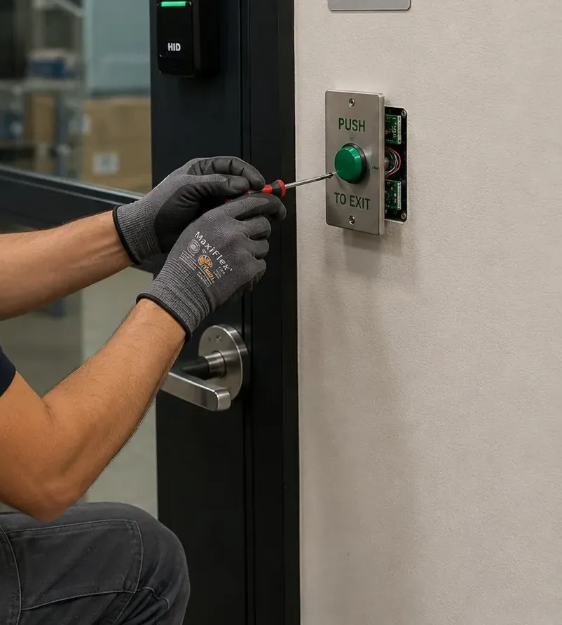Wiring a push-to-exit button beside a keypad reader, Astoria Queens Gloved technician wiring a green push-to-exit button below a keypad reader beside a metal-framed door, Astoria Queens