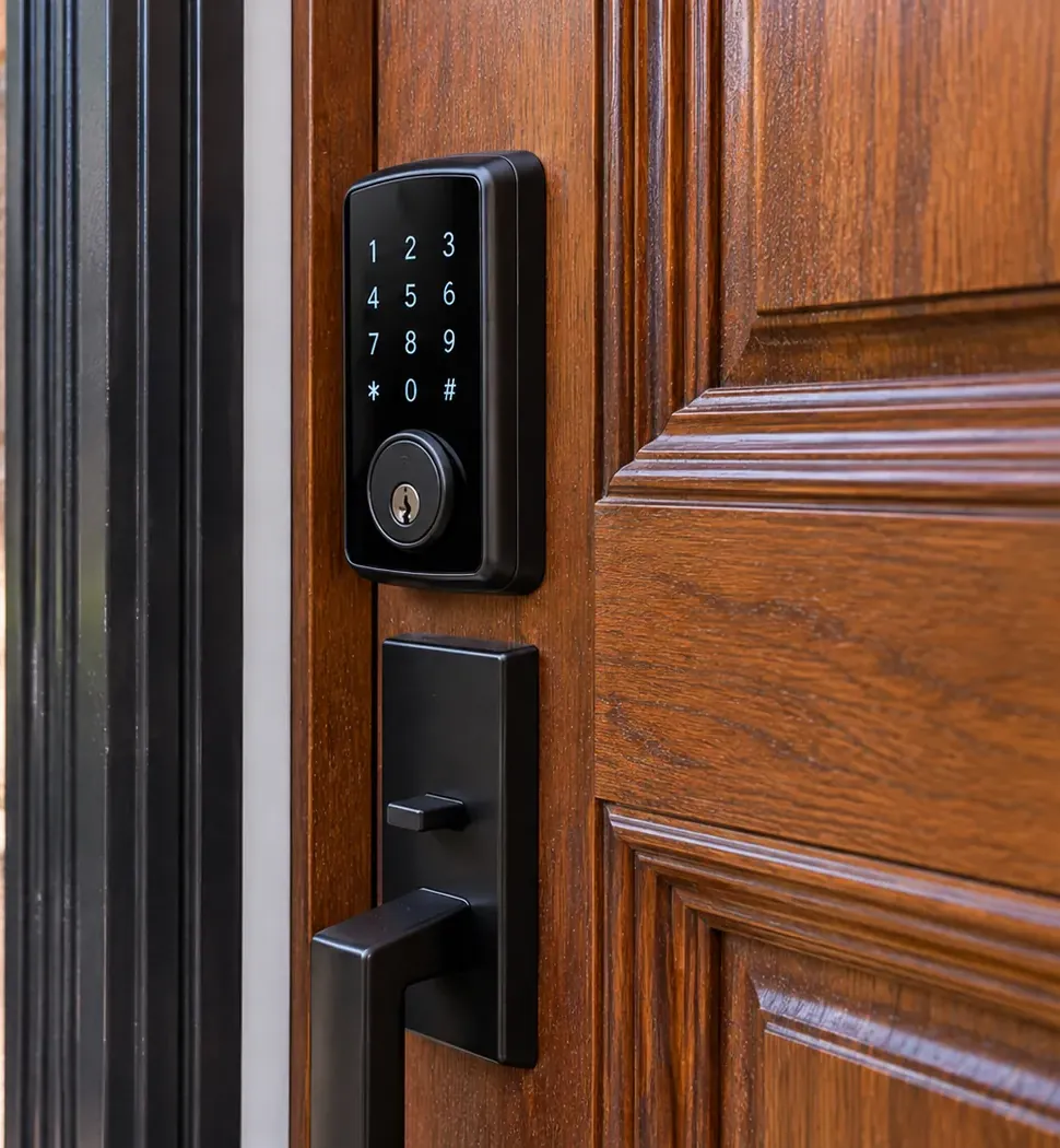 Keypad smart deadbolt on a wood panel entry door, Astoria Queens Black keypad smart deadbolt and lever handle on a stained wood panel door, smart lock installation in Astoria, Queens