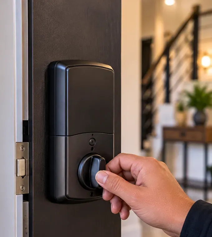 Inside thumb-turn of a smart deadbolt turned by hand, Astoria Queens Hand turning the inside thumb-turn of a smart deadbolt's interior unit, the one-motion way out of an Astoria Queens apartment