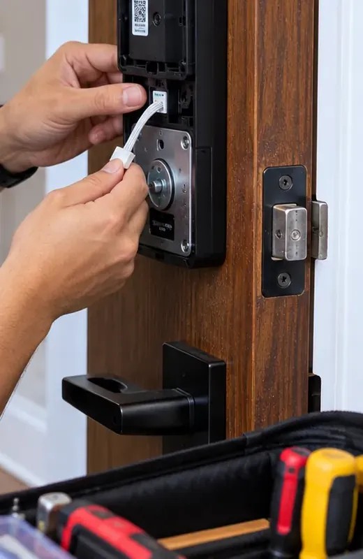Seating the keypad cable in a smart deadbolt's interior unit, Astoria Queens Ribbon cable from the outside keypad pressed into the interior unit of a smart deadbolt during an installation in Astoria, Queens