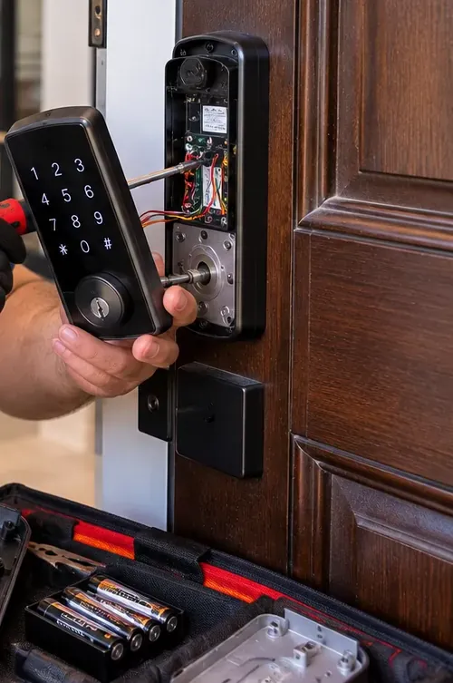 Keypad housing opened for a smart lock repair, Astoria Queens Smart lock keypad housing held away from a wood door to inspect its connector on a repair visit in Astoria, Queens