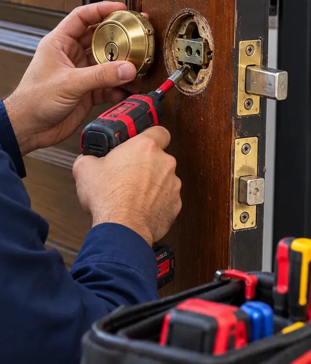 Removing an old brass deadbolt before a smart lock install, Astoria Queens Old brass deadbolt being unscrewed from a wood door with a cordless driver before a smart lock goes on in Astoria, Queens