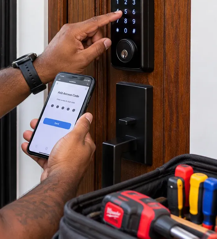 Adding a person's access code in the app at the keypad, Astoria Queens Hand holding a phone on the add-access-code screen while a finger presses the keypad of a smart deadbolt, Astoria Queens apartment door