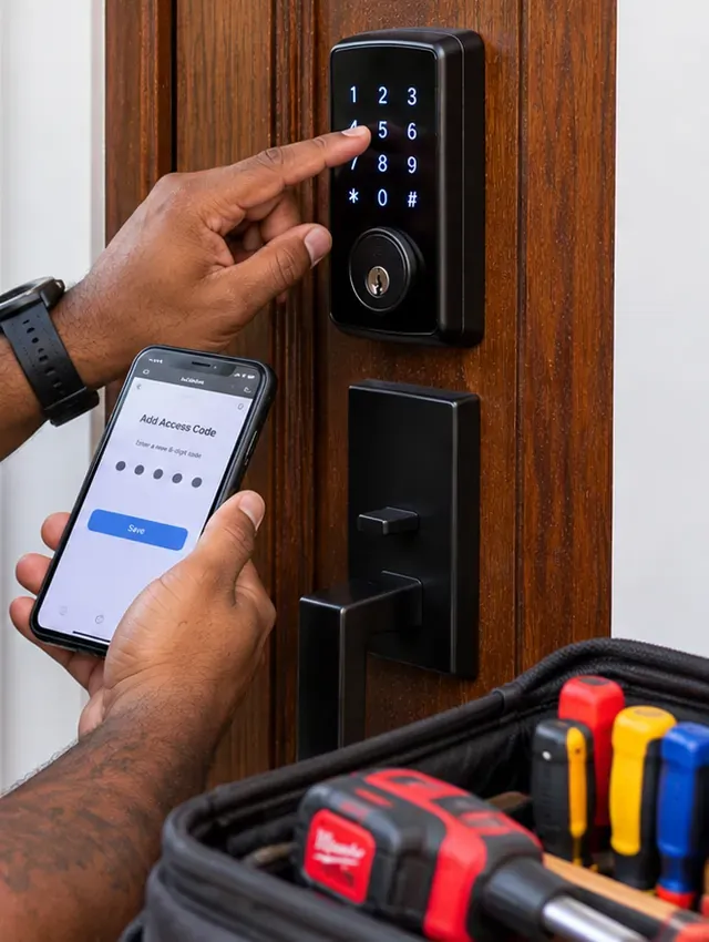 Programming a new access code on a phone beside a keypad deadbolt, Bay Ridge Brooklyn Adding an access code in a phone app while pressing the keypad of a smart deadbolt on a wood door, Bay Ridge Brooklyn business smart lock setup