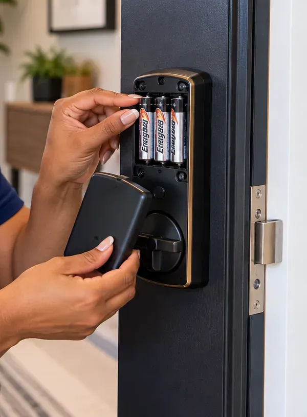 Opening the interior battery compartment of a smart deadbolt, Bay Ridge Brooklyn Hands removing the cover from the interior battery pack of a smart deadbolt holding four AA batteries, Bay Ridge Brooklyn smart lock maintenance