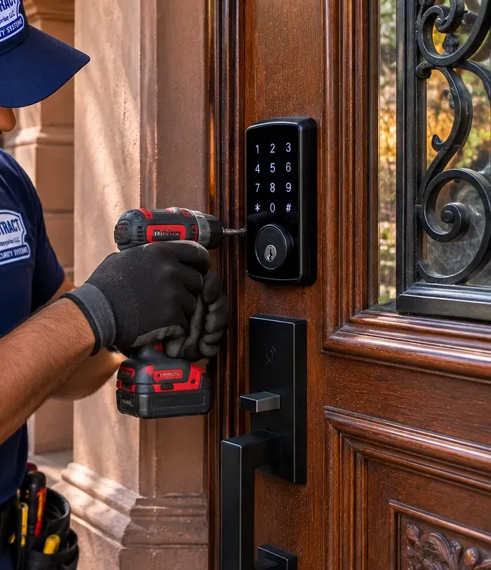 Cordless drill fastening a keypad lock on a wood door with an iron grille over the glass, Bay Ridge Brooklyn Gloved hand fastening a keypad smart lock with a cordless drill on a carved wood door beside a glass panel with decorative ironwork, Bay Ridge Brooklyn