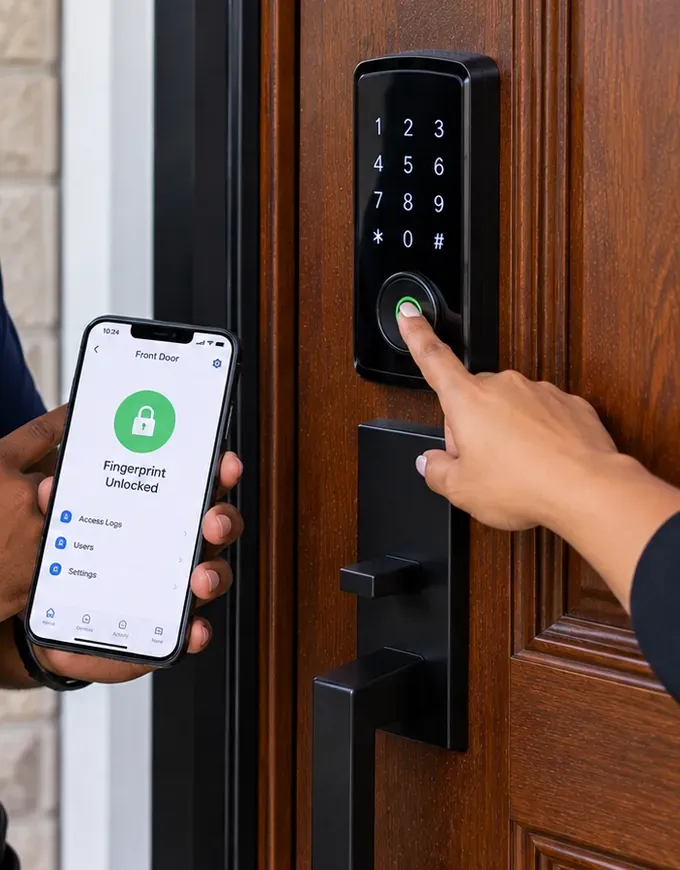 Fingerprint reader test with phone confirmation screen, Bay Ridge Brooklyn smart lock Finger on the fingerprint reader of a keypad smart lock while a phone shows a Fingerprint Unlocked screen, Bay Ridge Brooklyn smart lock demonstration