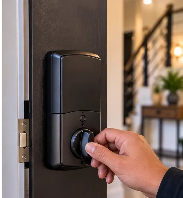 Inside thumb-turn of a smart deadbolt being turned by hand, Bay Ridge Brooklyn Hand turning the inside thumb-turn of a black smart deadbolt, Bay Ridge Brooklyn smart lock installation
