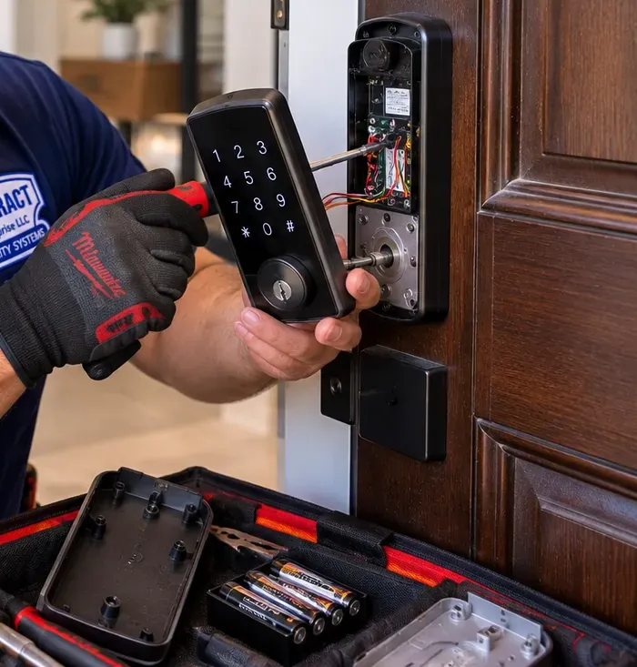 Keypad lifted off a wood door to check its wiring during a smart lock repair, Bay Ridge Brooklyn Smart lock repair in Bay Ridge, Brooklyn: keypad unit held away from a wood door with its connector exposed and spare batteries in an open case below