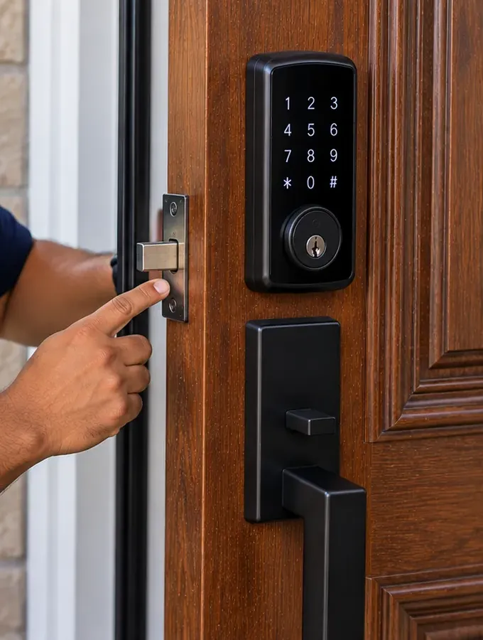 Checking latch and strike alignment on a door with a keypad deadbolt, Bay Ridge Brooklyn Finger pointing at the latch where it meets the strike on the edge of a wood door fitted with a keypad smart deadbolt, Bay Ridge Brooklyn installation check