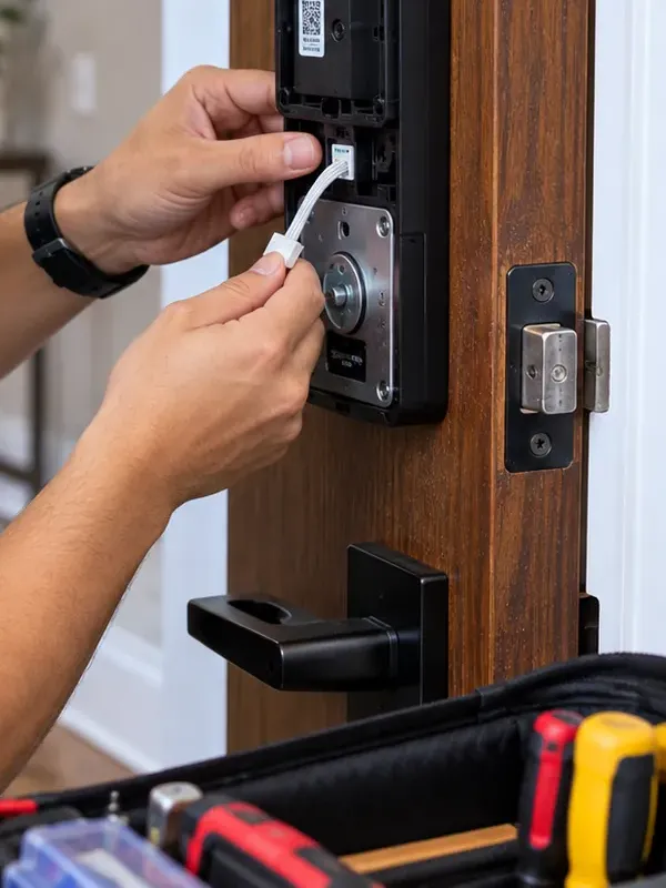 Ribbon cable connection to a smart deadbolt interior assembly, Bay Ridge Brooklyn Connecting the ribbon cable between the outside keypad and the interior assembly of a smart deadbolt on a wood door, Bay Ridge Brooklyn installation